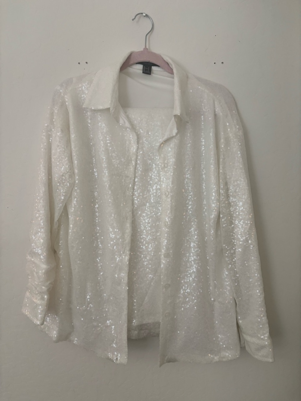 Forever 21 White Sequin Button Up & Pants Set Size S